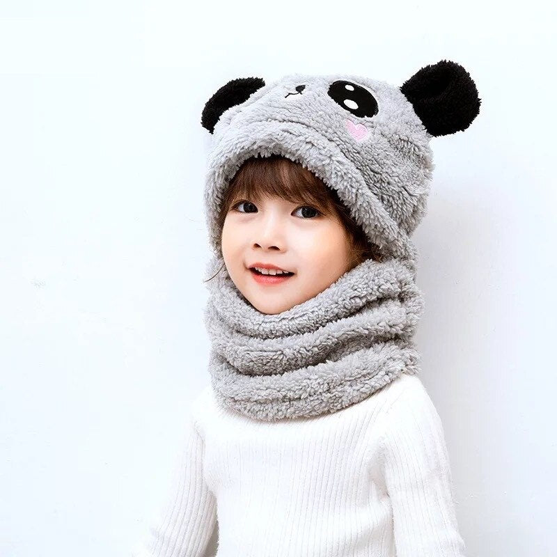 Winter Baby Cap - Soft Velvet with Cartoon Panda and Rabbit Design, Warm Plush Beanie and Neck Warmer for Children