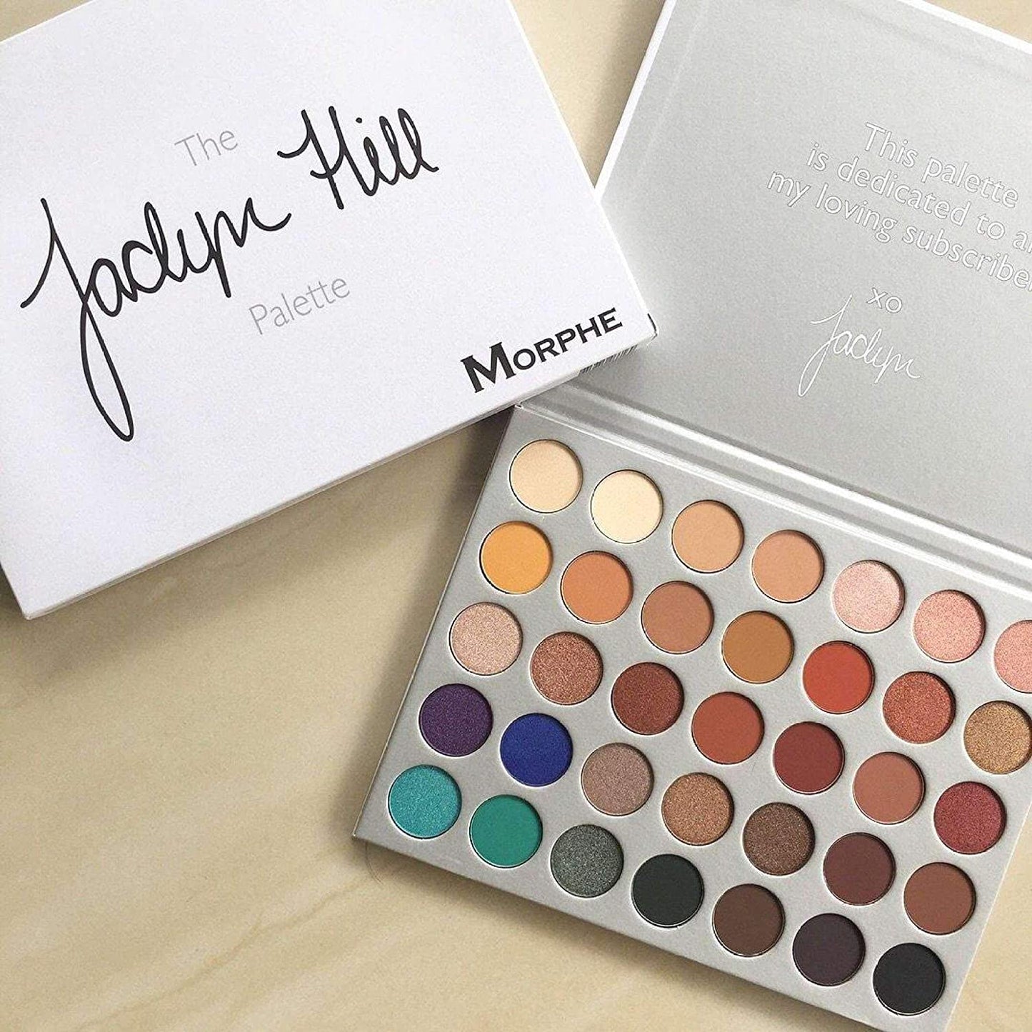 MORPHE X JACLYN HILL This is not your average eye palette. That'd be boring. We (and most importantly, Jaclyn Hill) don't do boring. This palette is a 2-year love affair. 35 brand-new, OMG eyeshadows that Jaclyn whipped up, formulated, tested, re-tested, and perfected. They were created to deliver not only the best color payoff but also amazing application. Mattes, shimmers, satins, foils, and glitter: all pressed to perfection...just the way Jaclyn wanted.