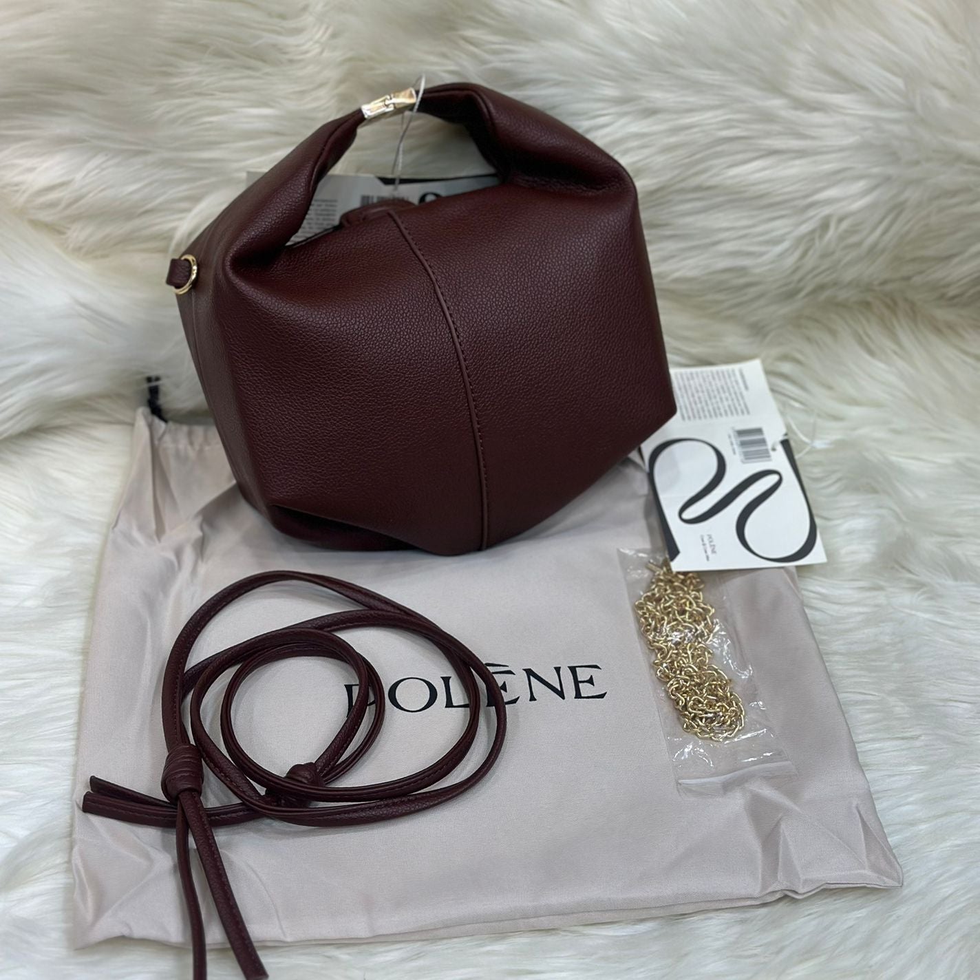 Soft Leather Knot-Top Shoulder Bag with Chain & Adjustable Strap