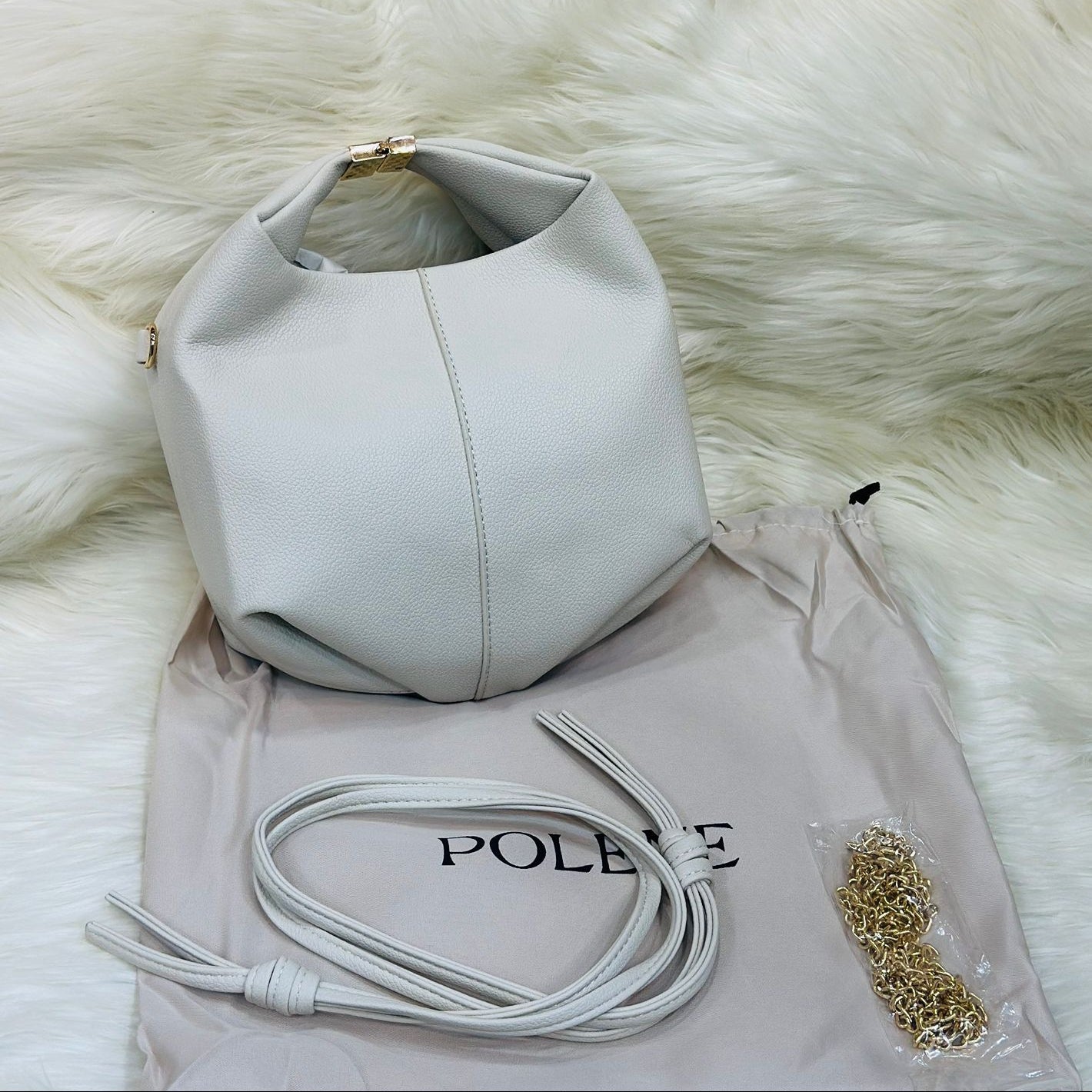 Soft Leather Knot-Top Shoulder Bag with Chain & Adjustable Strap