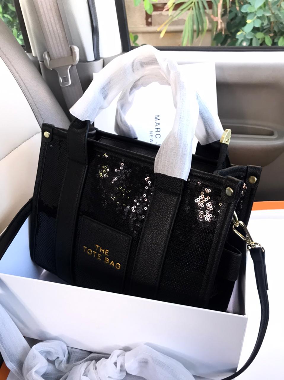 Large Tote Bag: Shimmering Sequins, Convenient Top Handle, and Spacious Interior With Brand Box With Dust Bag With Card