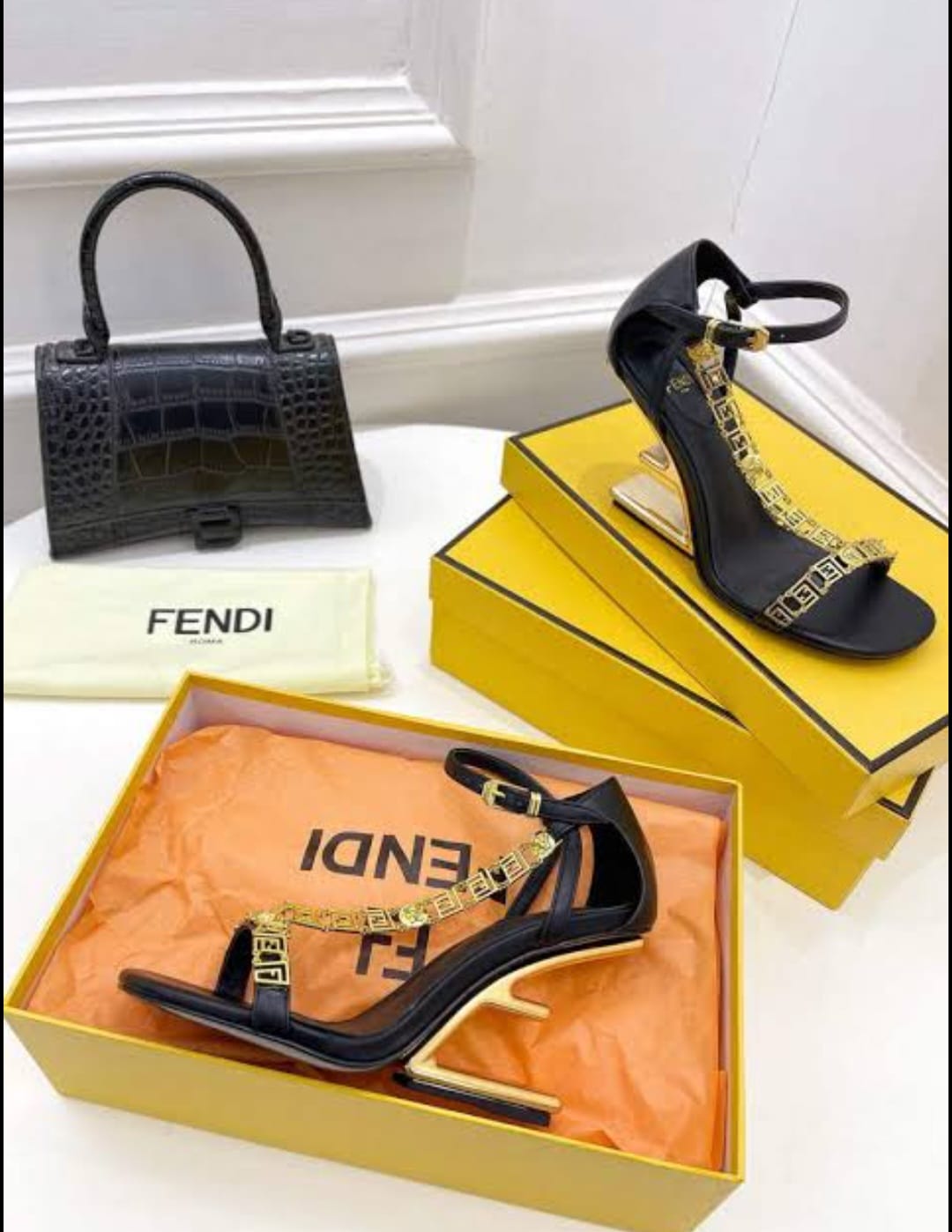 FENDI First Fendace Black Leather High-heeled Sandals