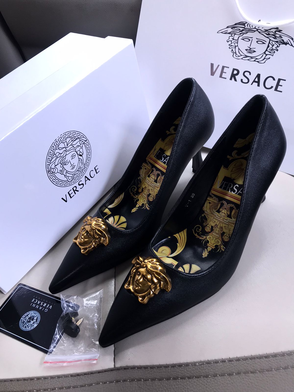 VERSACE BRANDED HEELS With Brand Box Card And Dust Bag