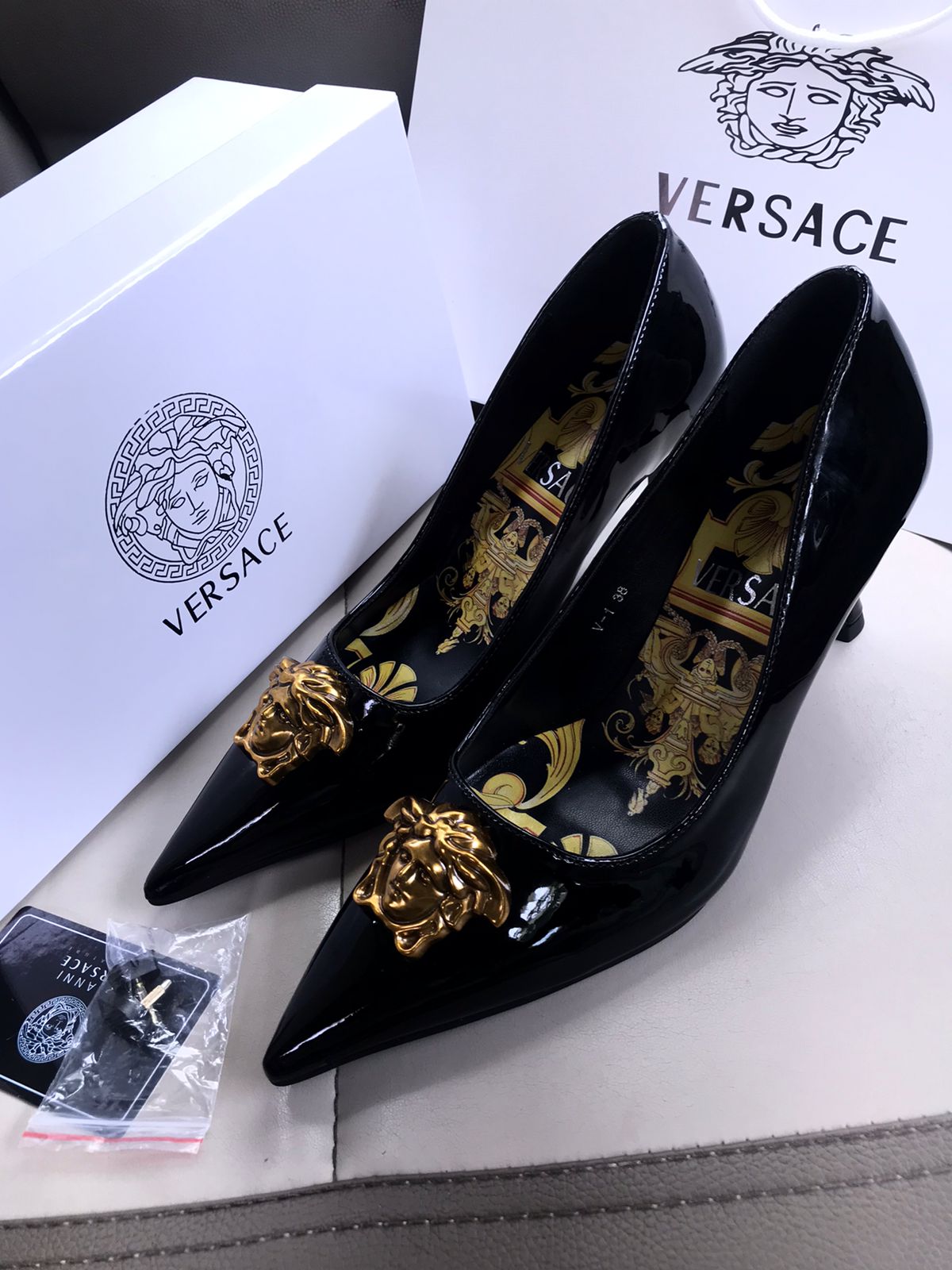 VERSACE BRANDED HEELS With Brand Box Card And Dust Bag