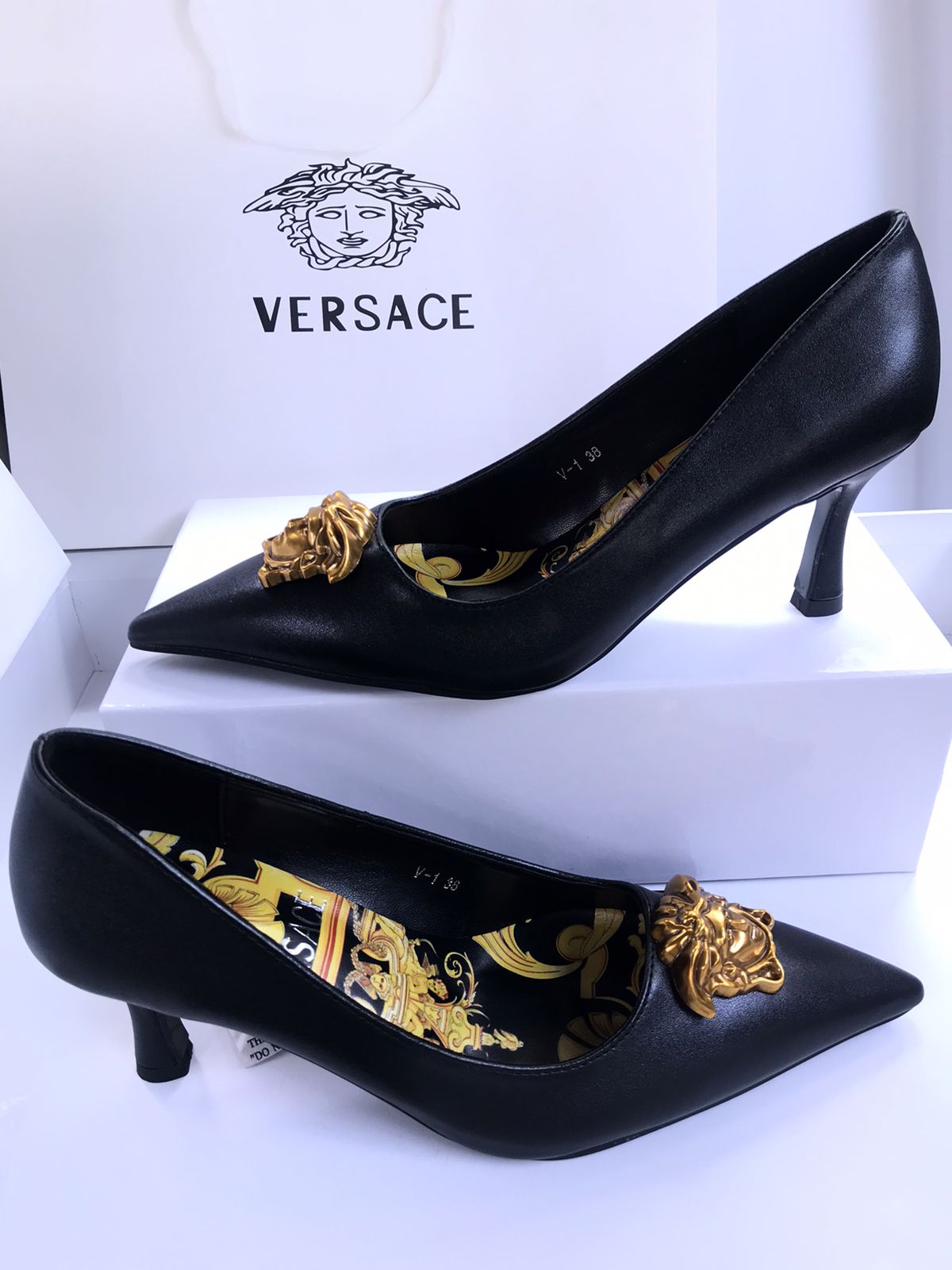 VERSACE BRANDED HEELS With Brand Box Card And Dust Bag