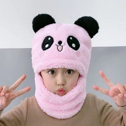 Winter Baby Cap - Soft Velvet with Cartoon Panda and Rabbit Design, Warm Plush Beanie and Neck Warmer for Children