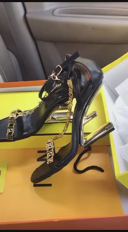 FENDI First Fendace Black Leather High-heeled Sandals