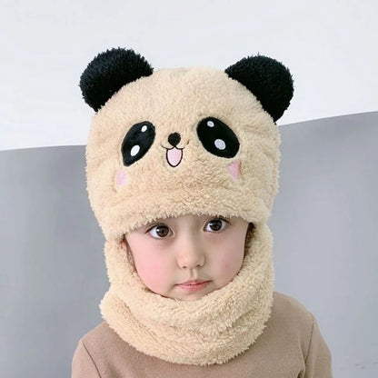 Winter Baby Cap - Soft Velvet with Cartoon Panda and Rabbit Design, Warm Plush Beanie and Neck Warmer for Children