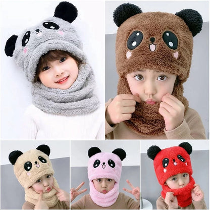 Winter Baby Cap - Soft Velvet with Cartoon Panda and Rabbit Design, Warm Plush Beanie and Neck Warmer for Children