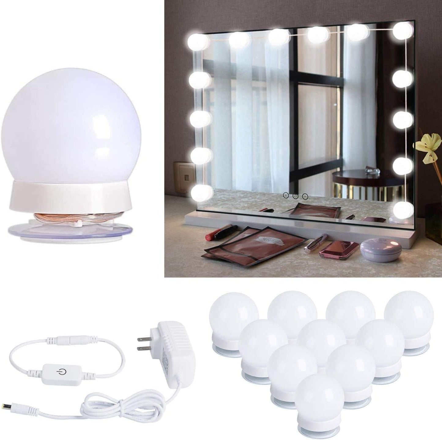 Hollywood Style Led Vanity Mirror Lights Kit with 10 Dimmable Light Bulbs for Makeup Dressing Table, Plug in Lighting Fixture Strip, White (No Mirror Included)